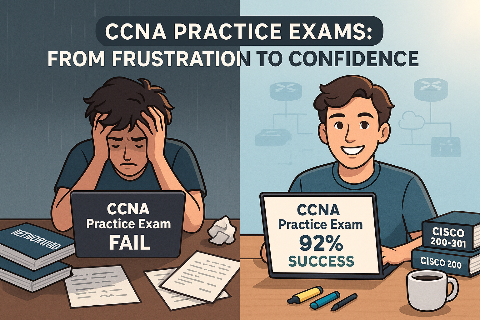 A young person showing frustration with a failed CCNA exam on the left and confidence with a 92% success score on the right, symbolizing exam prep transformation.
