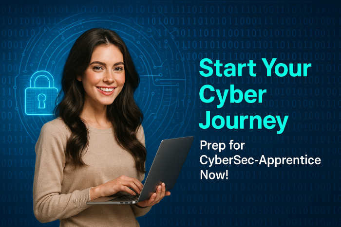 A beginner-level tech student studying with cybersecurity-themed books and a “Start Now” button overlay.